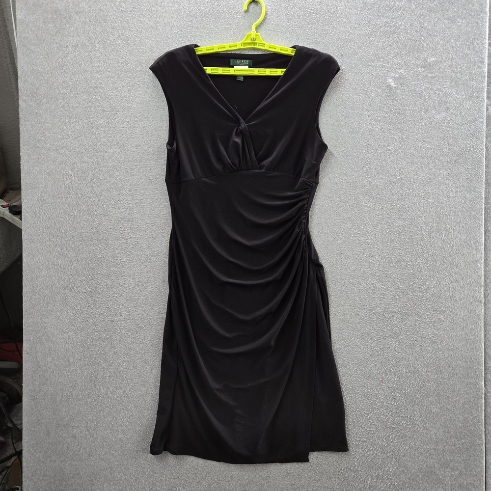 Lauren Ralph Lauren Women Dress 14 Black Sheath Cocktail Dress Ruched Sleeveless